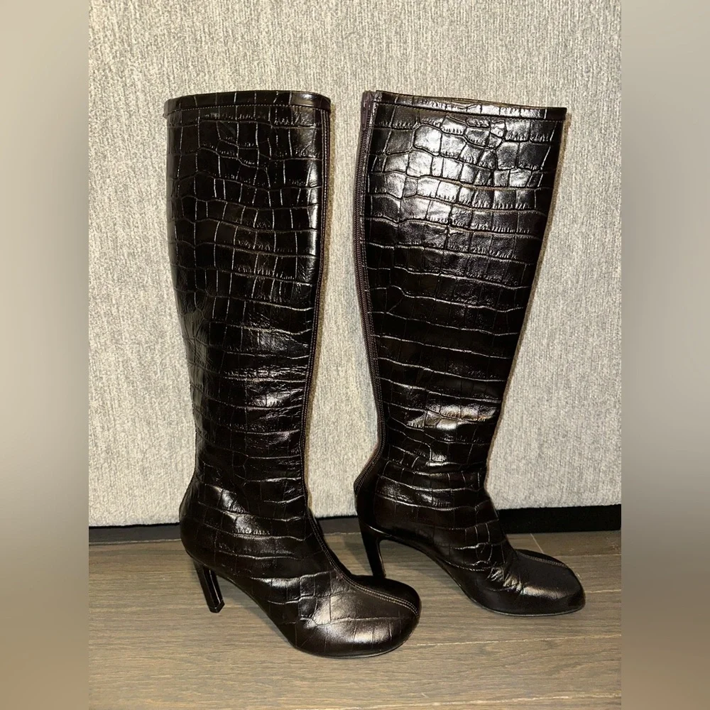 $1250 Dries Van Noten Brown Leather Croc Embossed Knee High Boots - Picture 2 of 9